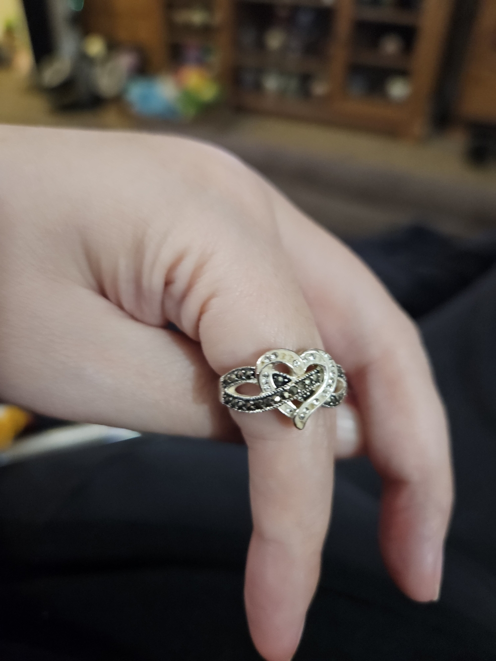 Silver Tone Heart Infinity Ring with Black Accents Size 8